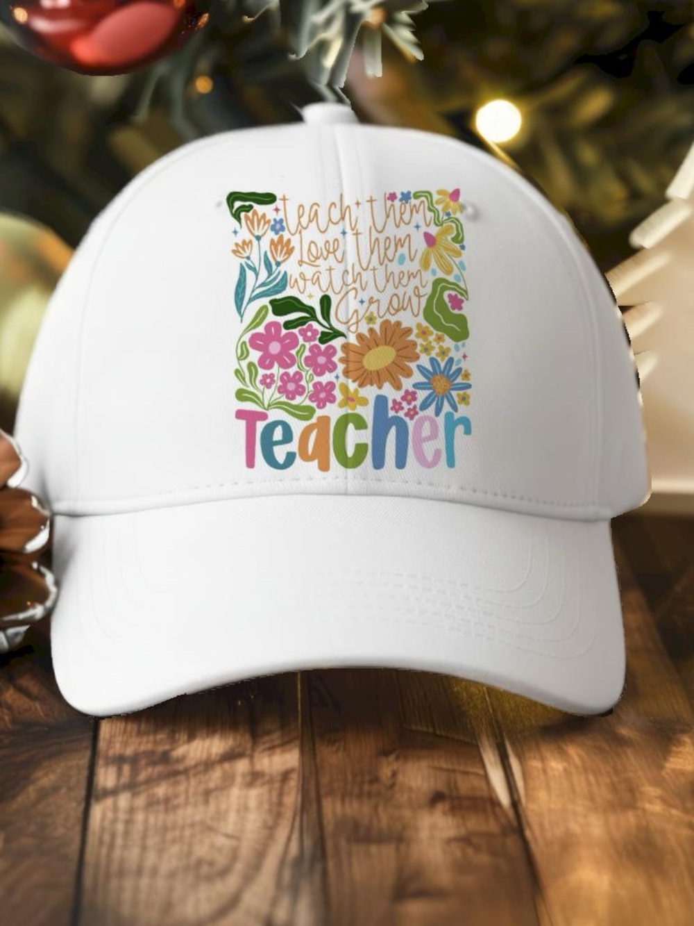 White Kids Floral 'Teacher' Baseball Cap